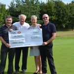 72 holes- Golfer Dez Smith, Raymond Price owner of Grange Park Golf Centre, Sharon Tune  Challenges Co-ordinator from Lindsey Lodge Hospice and golfer David Kynaston.