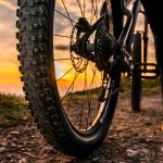 Mountain bike rear wheel detail. Back shot of mountain bike on sunset. Mountain bike tire.